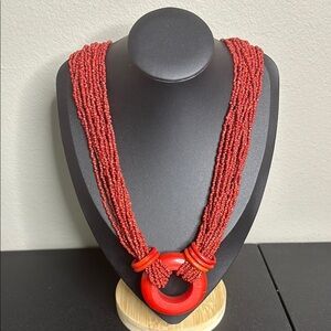 Vintage Red Necklace Coral Beaded Multistrand Bakelite Pendant Ring Silver
